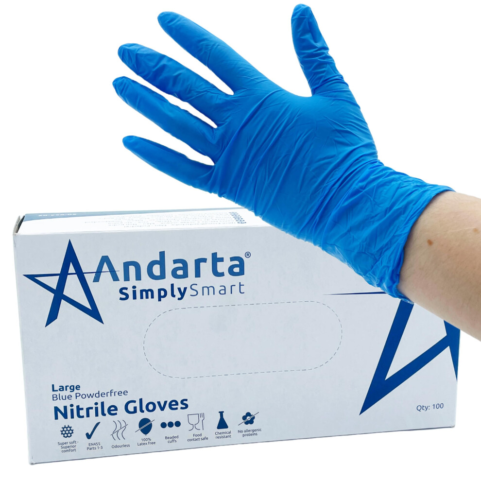 Andarta - Nitrile Powder-Free Large Disposable Gloves - Blue, Box Of 100 - Latex-Free - With Textured Fingertips For Increased Grip 5051226962325