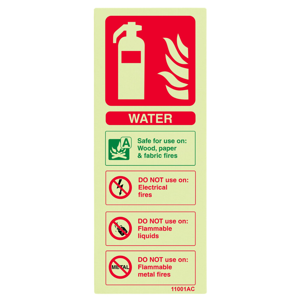 V Safety Glow-In-The-Dark Water Fire Extinguisher Sign Â 75200Â¯Mm Rigid Plastic Â Iso 7010 Compliant Fire Safety Signage 5051226993503