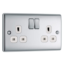BG Electrical Double Switched Power Plug Wall Socket, Nexus Metal, Polished Chrome, White Inserts,13A, NPC22W