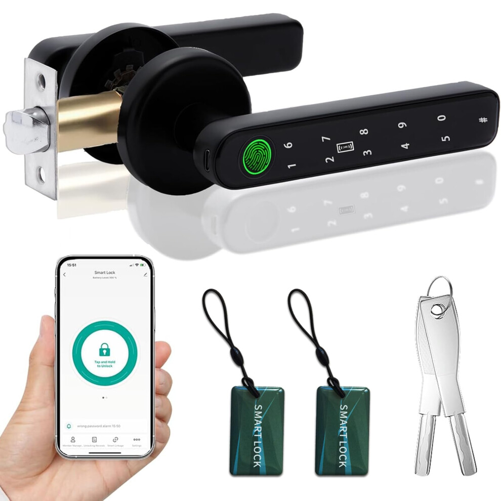 Smart Fingerprint Door Lock, Biometric Keyless Entry Door Lock With App - Cards - Backup Key - Fingerprints 5051226960550