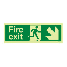 V Safety 14006AX-G Glow In The Dark Fire Exit Arrow Down Right Sign - 300mm x 100mm - Rigid Plastic, Green