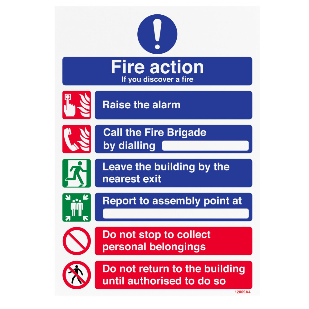 V Safety Fire Action Sign Â 6-Point Fire Procedure (If You Discover A Fire) Â A4 Rigid Plastic 1Mm Â Iso 7010 Compliant Fire Safety Notice 5051226971020