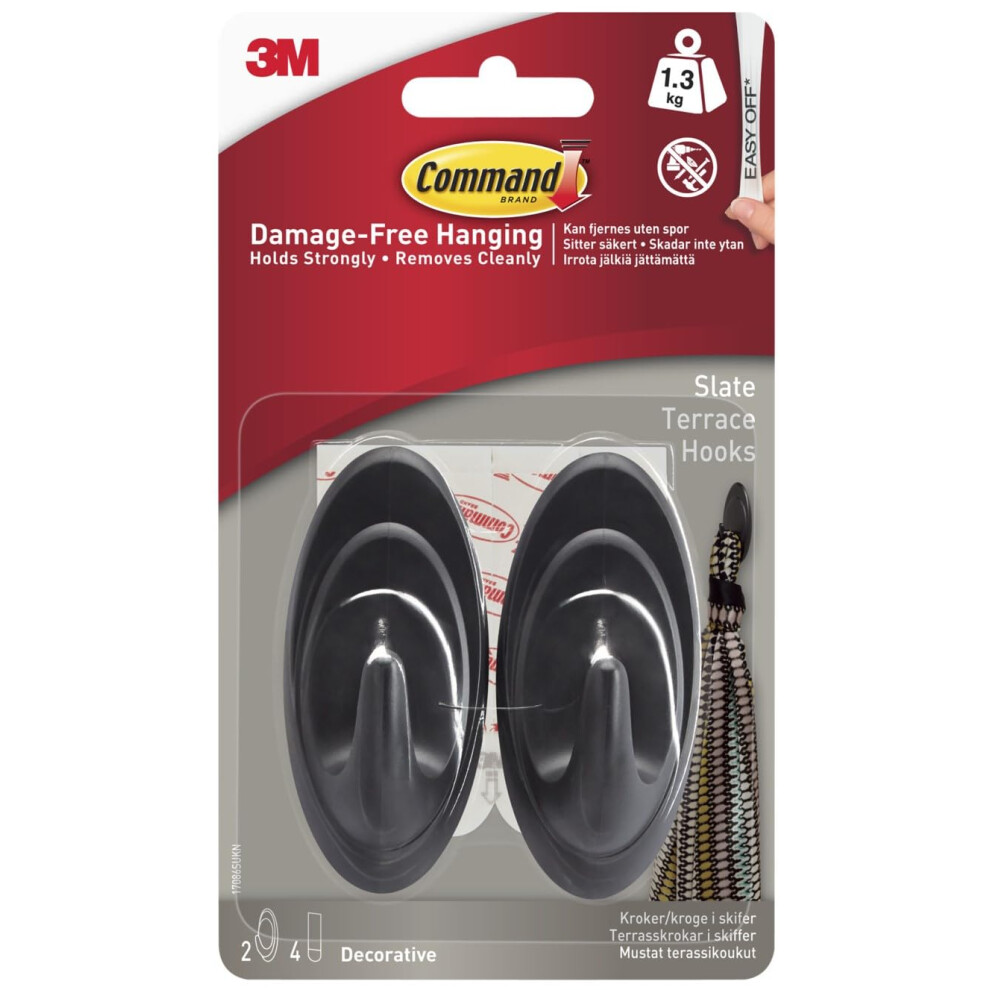 Command Slate Terrace Hooks, Pack Of 2 Hooks 4 Medium Adhesive Strips - Damage Free Hanging - Holds Up To 1.3Kg 5009371504419