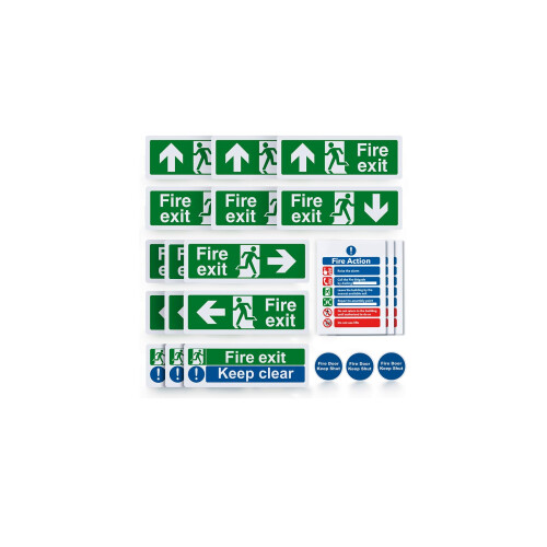 21pcs Premium Fire Exit Sign Kit (Right, Left, Up, Down Arrow) - Fire Action Notice Sign, Keep Clear, Door Keep Shut