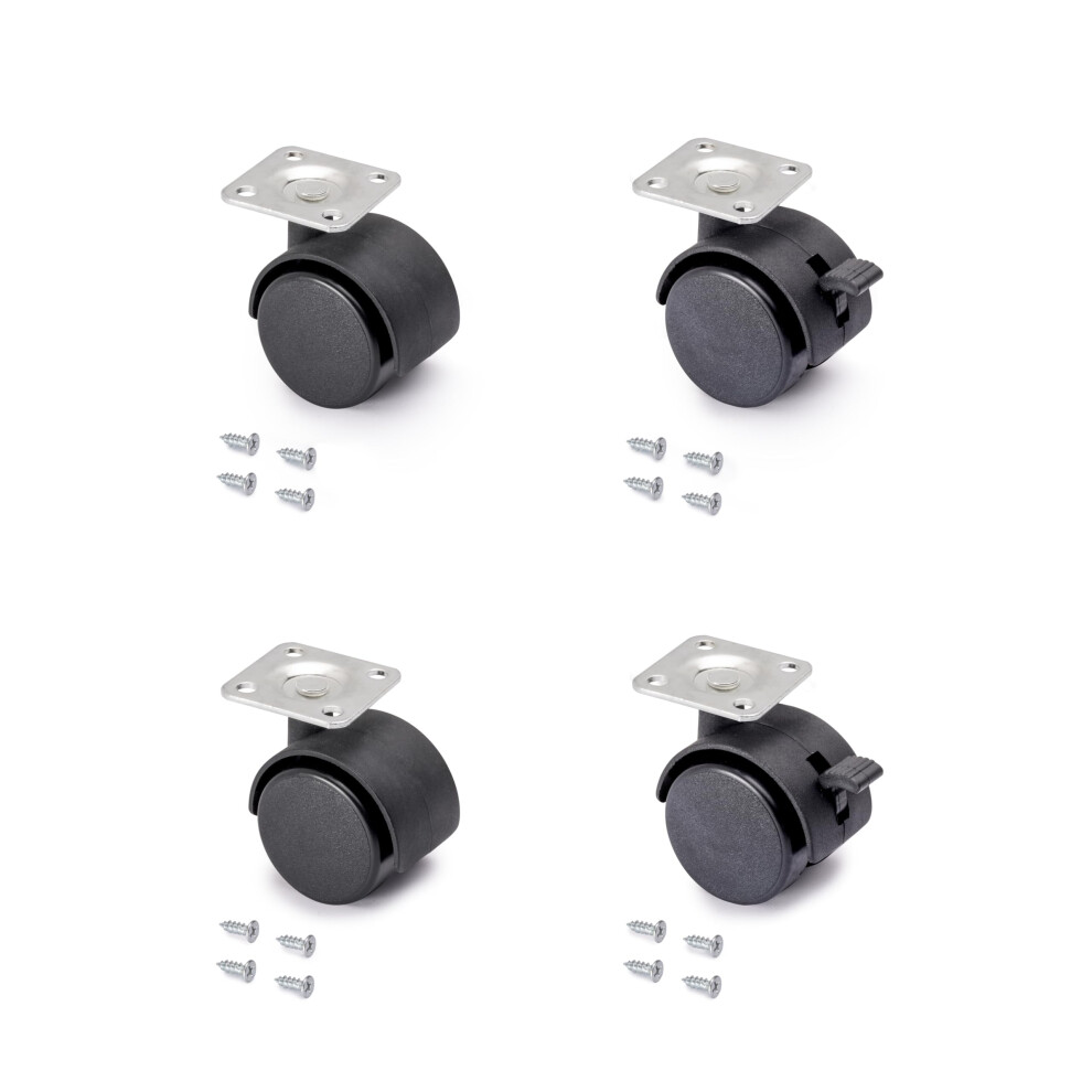 Emuca - Pack Of 4 Black Swivel Castors For Furniture (2 With Brake And 2 Without Brake) 40Mm Diameter With Fixing Plate And Ball Bearings 5051226910364