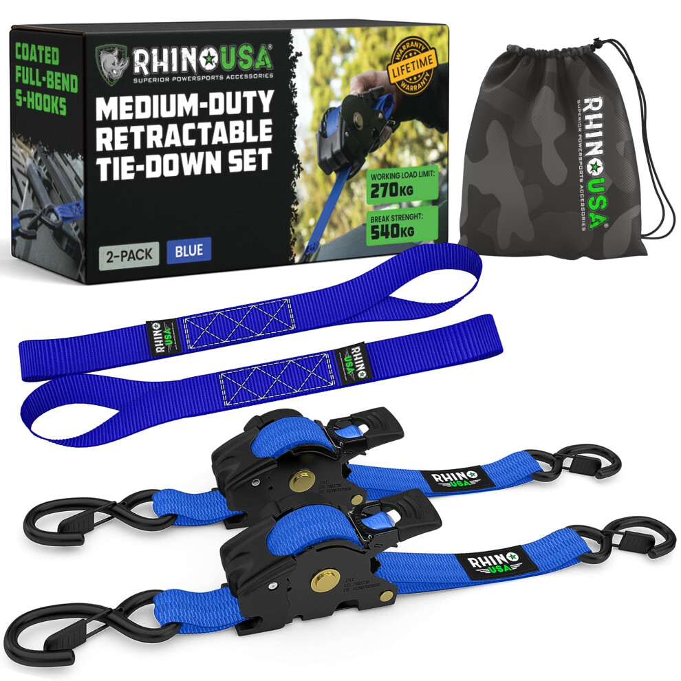Rhino Usa Retractable Ratchet Straps (2-Pack) - 2.5Cm X 3M (540Kg Break Strength) - Heavy Duty Auto Self-Retracting Tie Down Straps For Truck 5051227929310