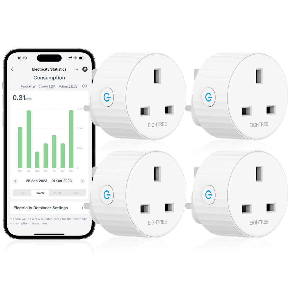 Eightree Smart Plugs With Energy Monitoring, Wifi Smart Sockets With Remote Control And Timer, 2.4Ghz Wi-Fi, 13A, 4 Pack 5051226891144