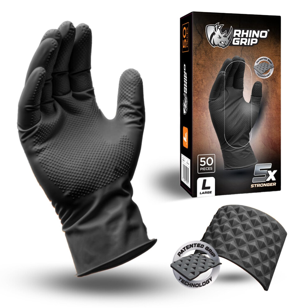 Rhino Grip Nitrile Gloves - Heavy Duty Disposable Gloves, Diamond Grip Black Gloves - Powder-Free & Latex Free Nitrile Gloves 5051226986161