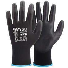 KAYGO Work Gloves PU Coated-12 Pairs, KG11PB, Black Safety Working Gloves with Secure Grip on Palm & Fingers, for Men and Women