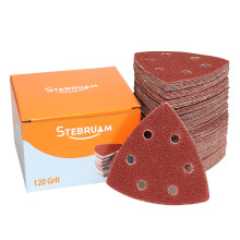 STEBRUAM Delta-Triangle Sanding Sheets,Sanding discs 65 Pieces Detail Sander Pads 6 Holes Triangle Sandpaper 120 Grits Triangle Sanding Pads 93 x 93