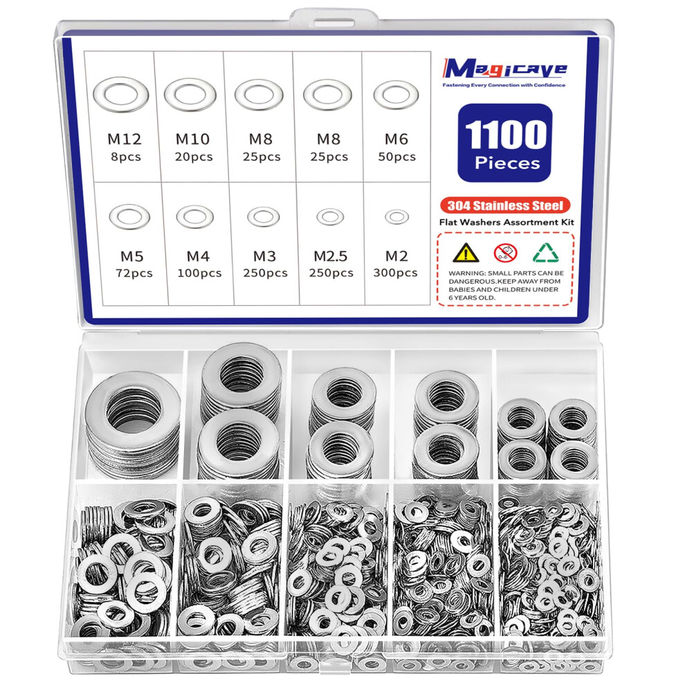 1100 Pcs Flat Washer Assortment Kit, 304 Stainless Steel, 9 Metric Sizes M2âM12, Rust-Resistant Washers For Screws, Bolts, Automotive 5051226964558
