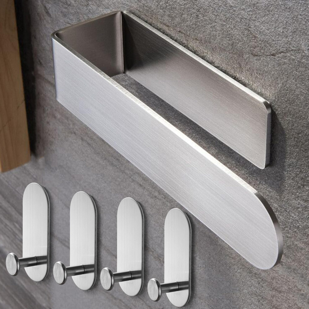 Taozun Towel Rail - Hand Towel Holder With 4 Pack Self Adhesive Hooks, Sus 304 Stainless Steel Bathroom Kitchen Accessory, No Drilling (Silverï¼ 5051226976339