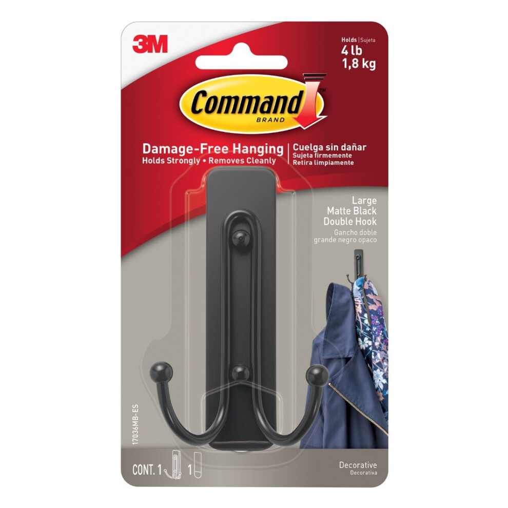 Command Large Matte Black Double Hook, Indoor Use - 1 Metal Large Hook And 1 Adhesive Strip - Hang Jackets, Purses, Handbags, Hats, Scarves, Dog Lead 5002168684875