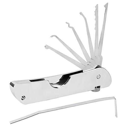 7in1 Lock Picking Kit Portable Folding Tool, Stainless Steel Single Hook Picks Locksmith Repairing Tools, Multitool with Secure Quick Openers