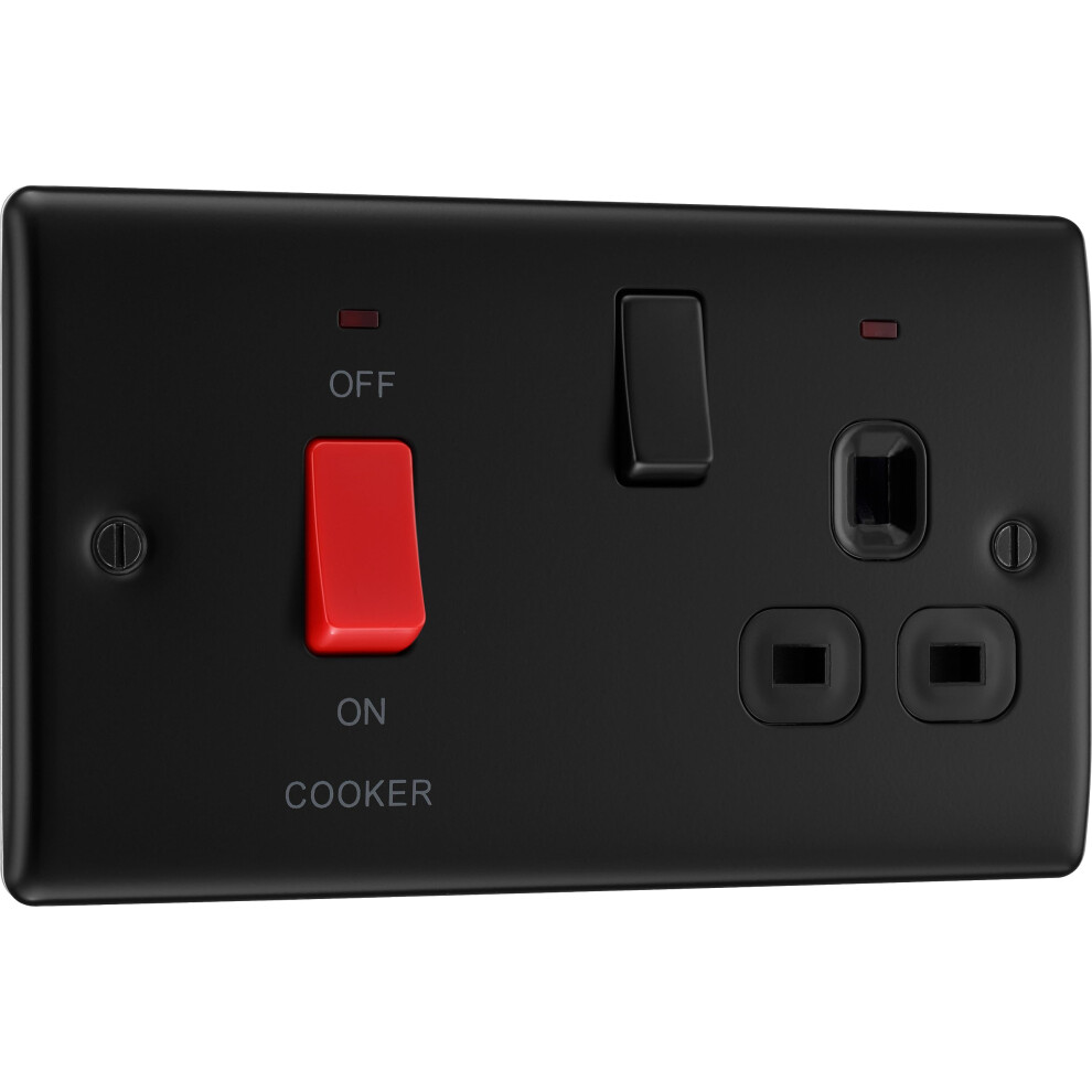 Bg Electrical Cooker Switch With Socket And Led, Cooker Control Unit, Control Socket, Double Pole, Raised Profile, Round Edges, Nexus Metal 5051226974885