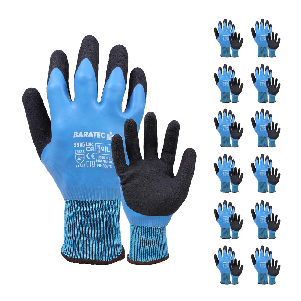 Baratec 12 Pairs Of Waterproof Latex Safety Gloves - Perfect Waterproof Work Gloves Large For Men & Women, Ideal For Gardening And Work Safety 5051226970924