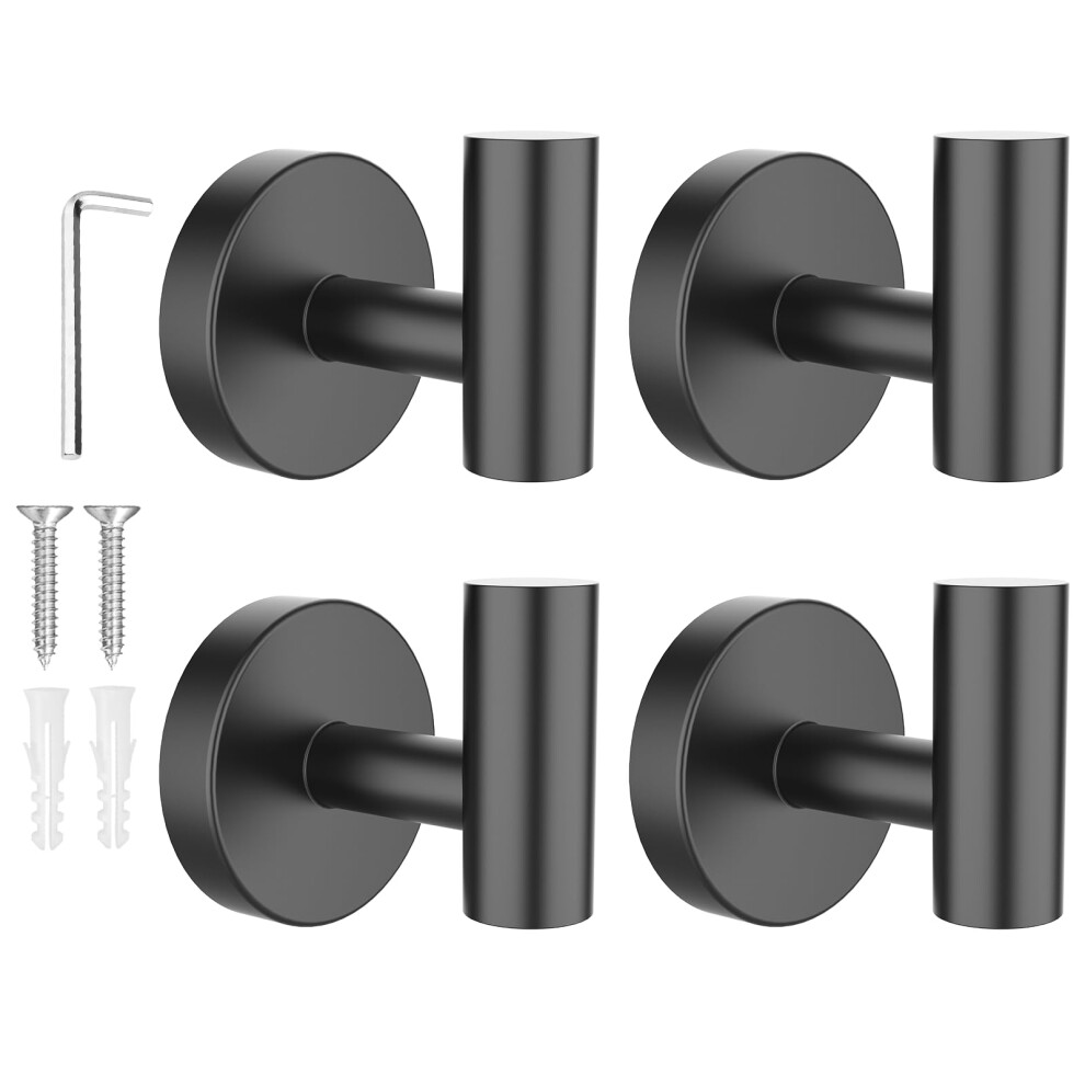Setsail Towel Hooks For Bathrooms 4 Packs Screw-In Matte Black Bathroom Towel Hook Wall Mounted Stainless Steel Shower Towel Hooks For Coat Hanging, 5009864795485