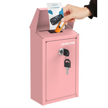 Uniclife Pink Key Drop Box for Outside, Metal Donation Box Collection Box with Key Lock, Safe Suggestion Box, Wall Mounted Mailbox with Top Slot