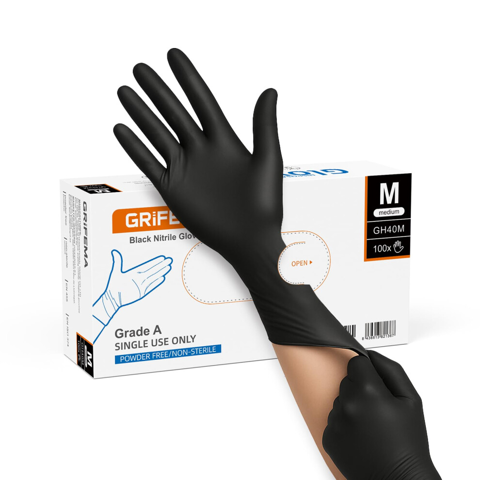Grifema Black Nitrile Gloves Medium, Disposable, Powder Free & Latex Free, Examination Gloves For Medical, Food Safe, Cleaning & Household Use 5051226892806