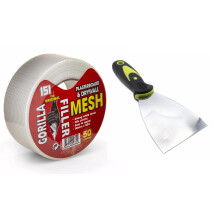 SELF-ADHESIVE FIBERGLASS MESH TAPE 50m & FILING SCRAPER KIT - Strong Durable Drywall & Plasterboard Joint Repair Mesh Tape for Cracks Walls Ceilings