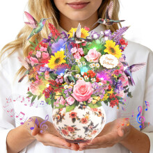 Birthday Cards, Music & Lights Happy Birthday Card, Hummingbird Oasis, 10 Inch Life Sized Forever Flower Bouquet, 3D Pop Up Floral Birthday Card for