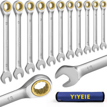 YIYEIE 11pc Ratchet Spanner Set, 72-Tooth Gold Ratcheting Combination Wrenches, Box & Open End, Cr-V Steel, for Bike, Car, Home DIY, Metric