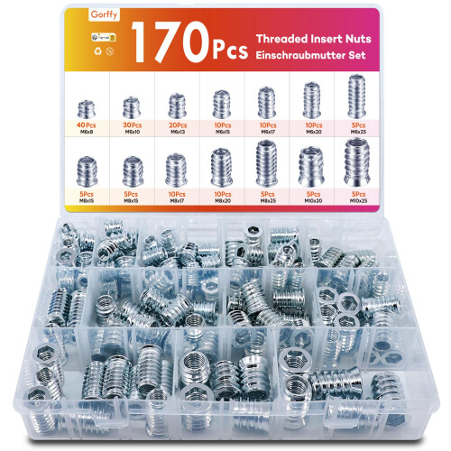 Threaded Inserts for Wood, Gorffy 170Pcs Threaded Insert Nuts, M6/M8/M10 Galvanised Steel Thread Inserts Screw with Box