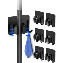 Henrycares 6-Pack Broom Mop Holder, Black Stainless Steel Self Adhesive Broom Holder Mop Holder Wall Mounted with Hook Hanger for Kitchen, Bathroom