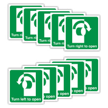 Pack of 10 Turn to Open Stickers – 5 Right & 5 Left – 100mm x 100mm Waterproof Vinyl Labels – Self Adhesive Thumb Turn Fire Door Signs