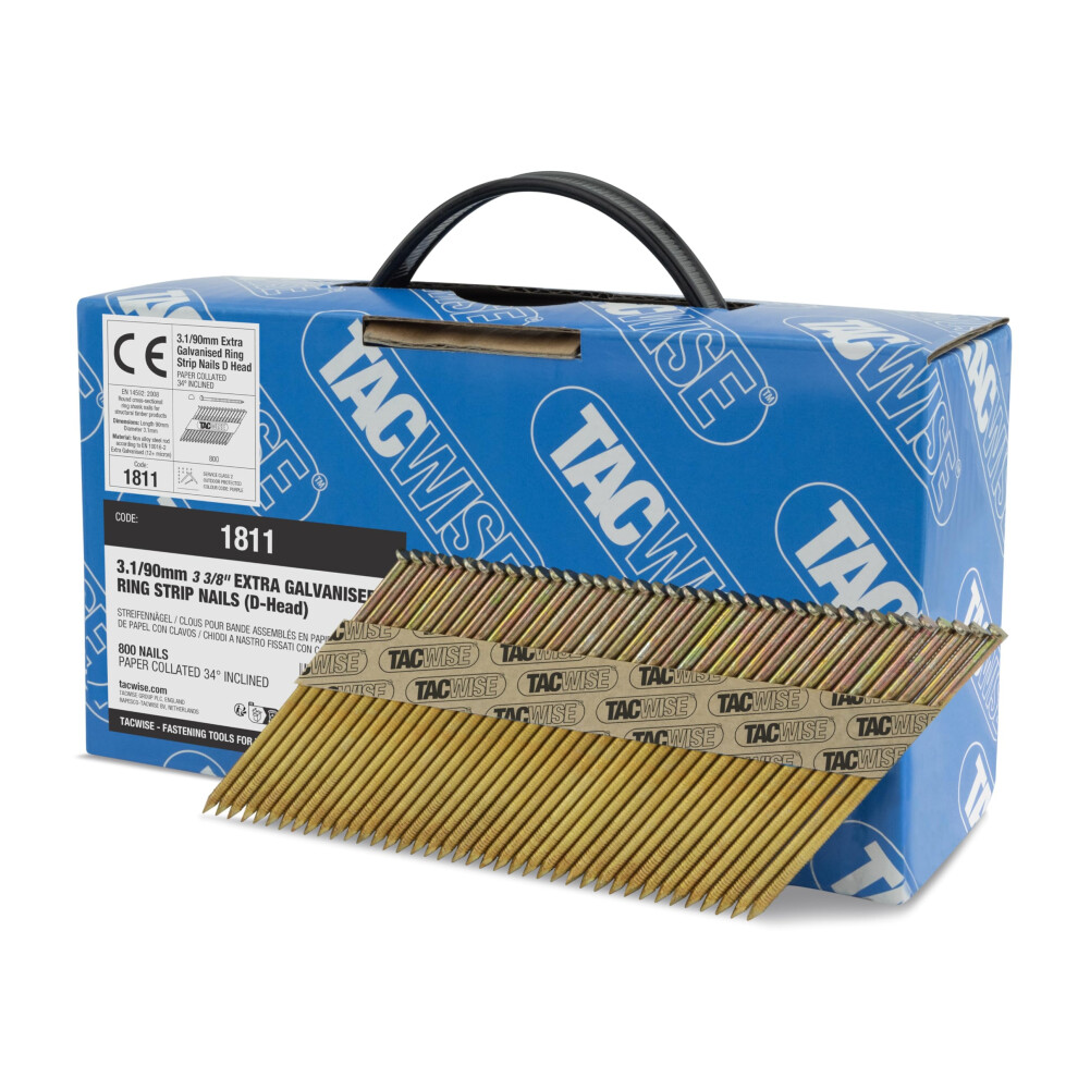 Tacwise 1811 Extra Galvanised Framing Nails 3.1/90 Mm, D Head, Ring Shank, 34 Inclined, Paper Collated, Pack Of 800 5051226962547