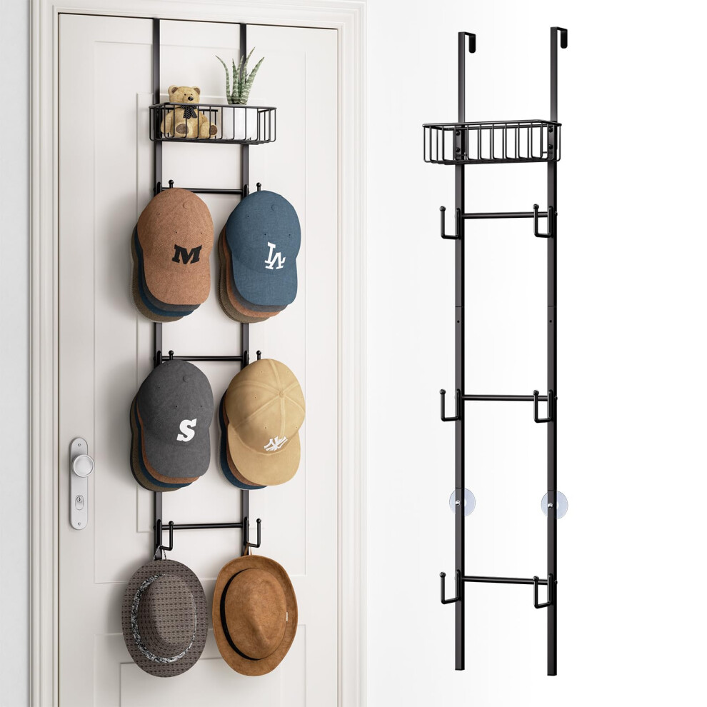 Hapirm Over Door Hat Rack- 3 Tier Wall Mounted Baseball Cap Storage With 6 Hooks And Metal Basket Design, Hat Organiser Holder Up To 32 Caps For Door 5051226977381