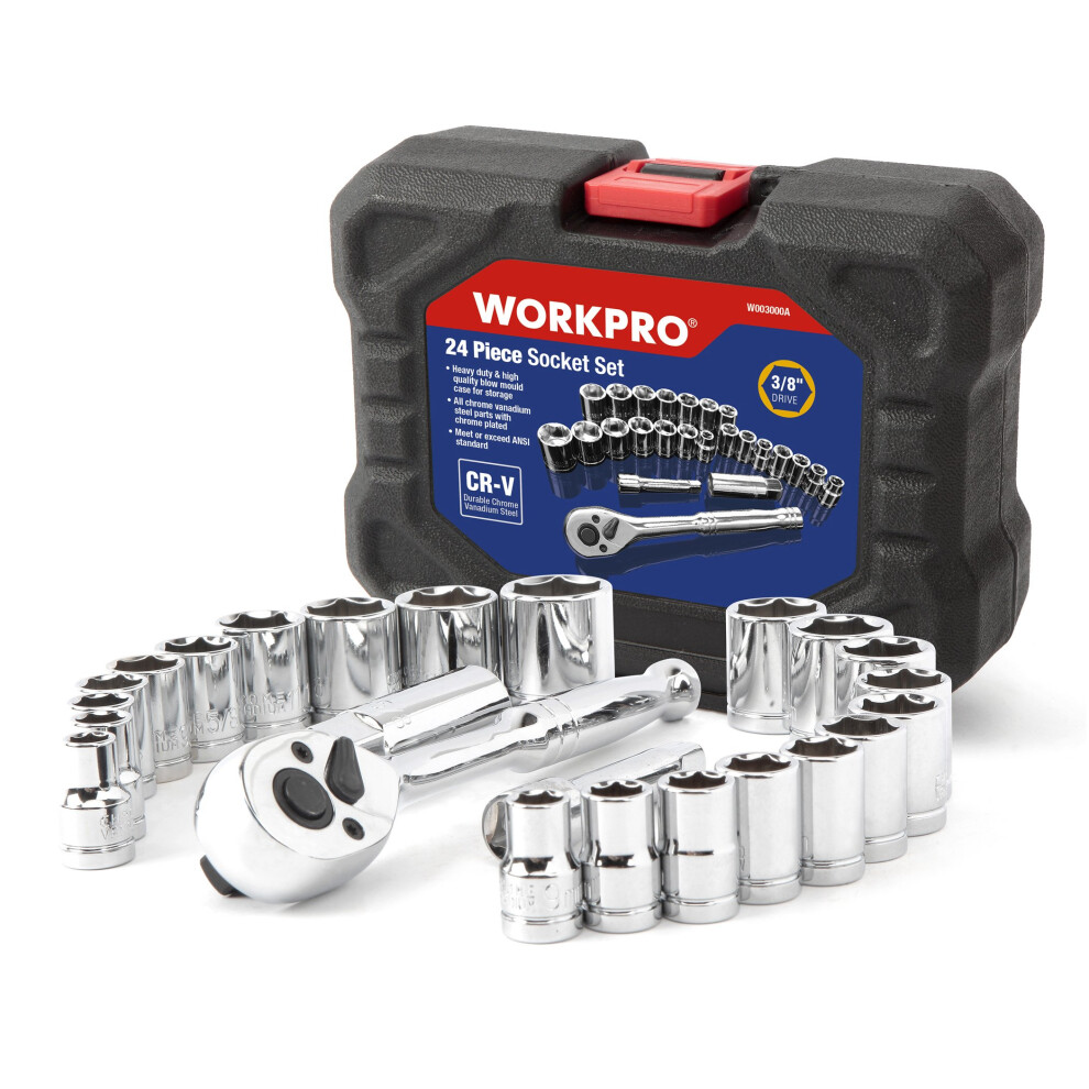 Workpro 24Pc Socket Set 3/8" Ratchet Drive Sockets Wrench, 11Pc Metric & 10Pc Sae Sockets 5051226928710