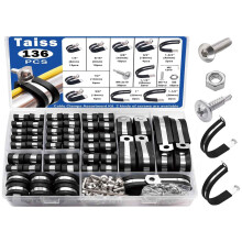 Taiss 136PCS 10 Sizes 304 Stainless Steel Rubber Lined P Clips Kit, 6/8/10/13/16/19/25/32/38/45mm Hose Pipe Clamps Kit,Metal Cable Clips with Two