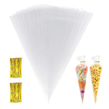 Clear Cone Cellophane Bags 100pcs 37x17cm Sweet Cone Bags and Ties Party Cones Bags Large for Popcorn Chocolates Marshmallow Candies Snacks Halloween