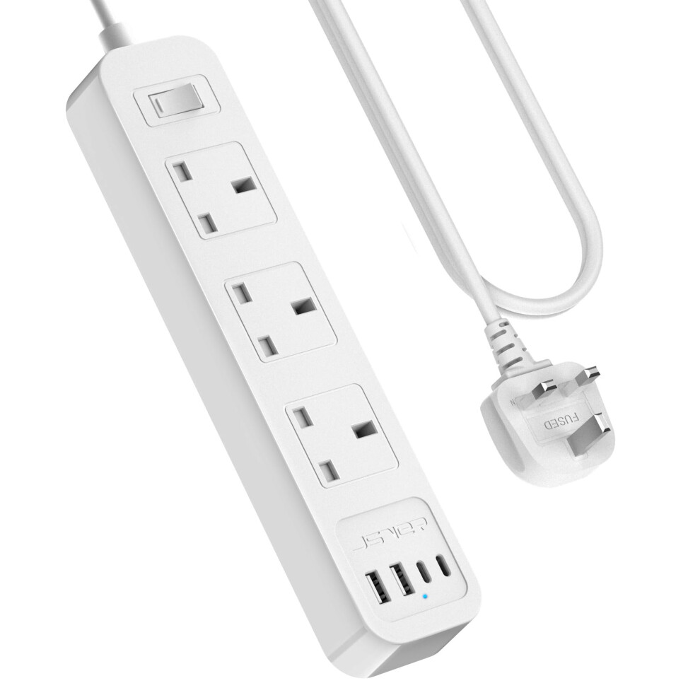 Jsver Extension Lead Usb,7 In 1 Power Socket With 3 Way And 4 Usb Fast Charging Station(2 Type C And 2 Usb-A) Power Strip 3250W 13A With 2M Power Cor 5001243630462