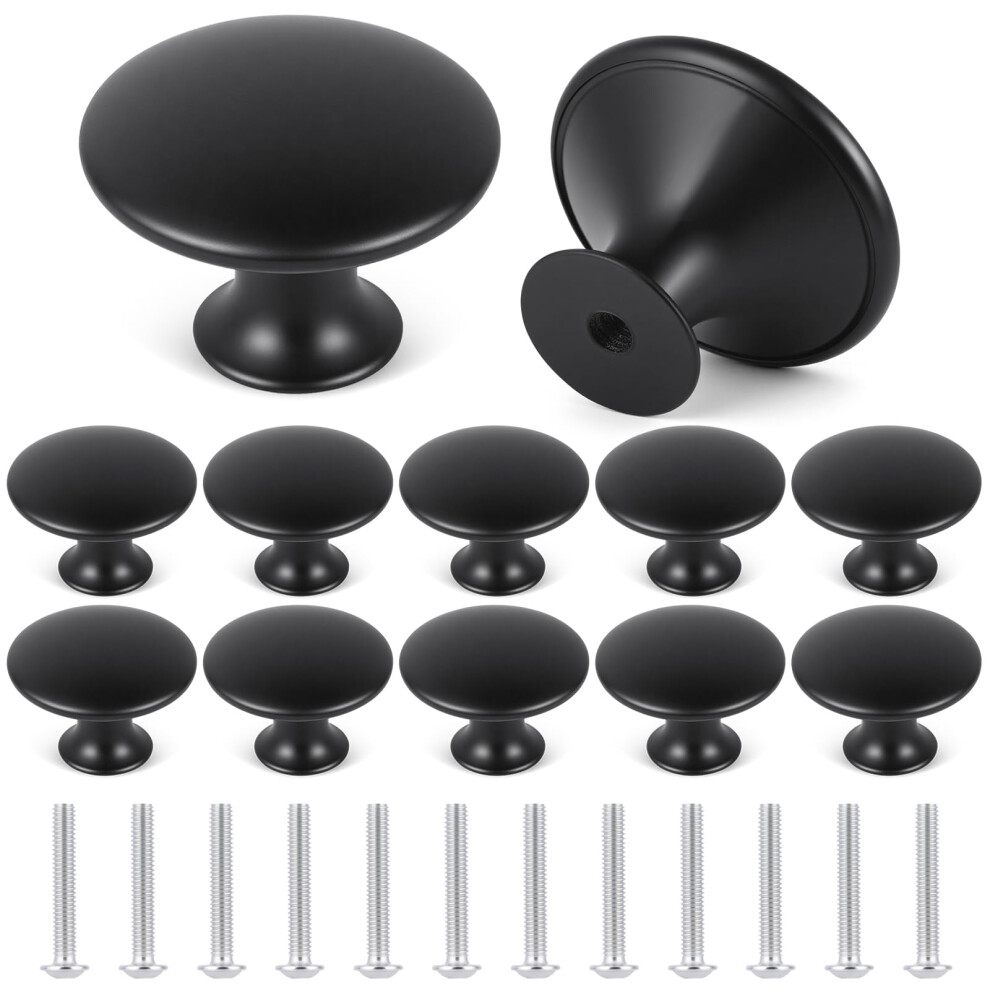 Osdue 12 Pcs Black Cabinet Knobs, Single Hole Cupboard Handles, 30Mm Round Mushroom Aluminum Alloy Door Knob With Screws For Cupboards Draws Kitchen 5051226902789