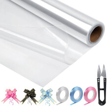 HTHL Clear Cellophane Wrap for Hampers,15M x 80CM-Folded in Half, Cellophane Gift Wrapping Roll with 30 Pull Bows,3 Ribbon Rolls