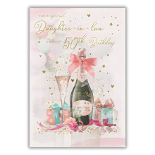 Daughter-In-Law 50th Birthday Card - Age 50 - Modern Champagne and Love Hearts Design - Special Finishes and Illustrated Insert Leaf - Made in the UK