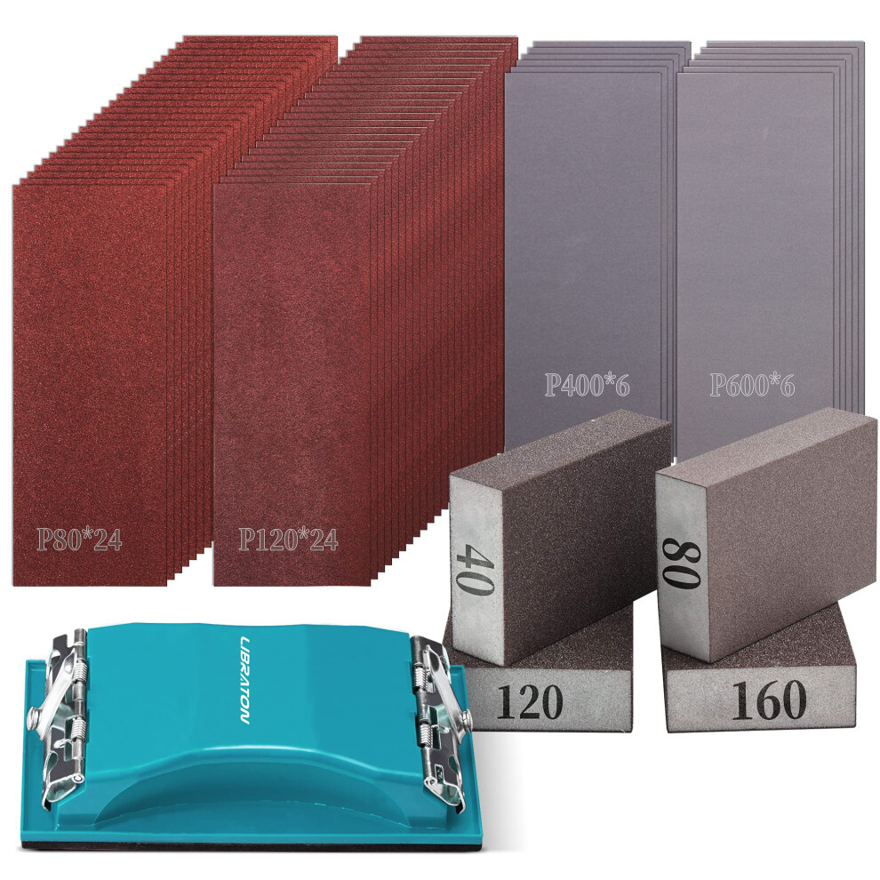 Sand Paper 65Pcs, Sandpaper For Wood, 80-600 Grit Sandpaper Assortment Kit With Sanding Block, Sand Sponges 40/80/120/160 Grit 5051226952135