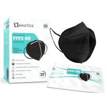 Omnitex FFP2 Black Face Mask - Box of 20, Individually Wrapped | High Filtration - 5 Layers | EN149 CE Certified | Hypoallergenic | Fluid Resistant