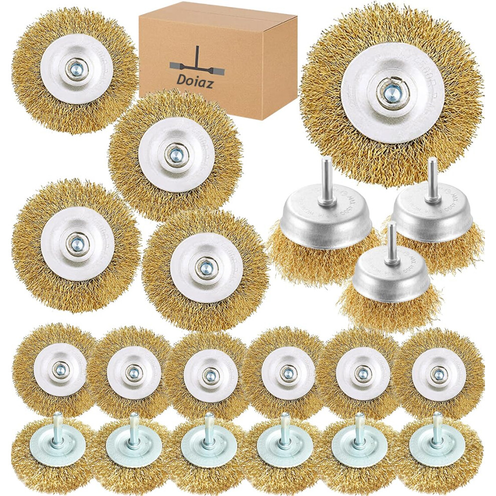 Wire Brush Cup Wheel Drills Set 20 Piece Wire Brush Kit Power For Drill 1/4 Inch Arbor Brass Coarse Carbon Crimped Cleaning Rust, Stripping 5051226932311