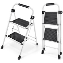 KINGRACK 2 Step Ladder with Non-Slip and Wide Pedal, Small Sturdy Steel Folding Ladder with Handle, Lightweight and Portable, White