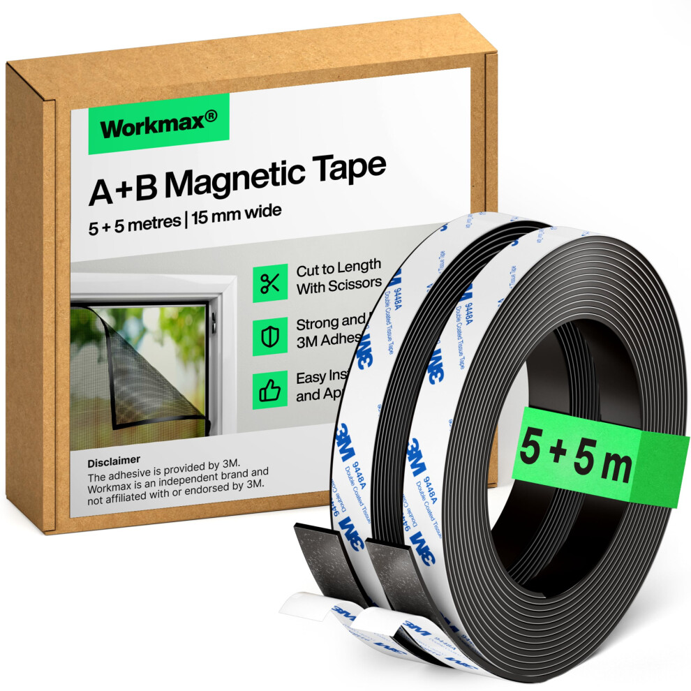 Workmax A+B Magnetic Tape For Fly Screens & Mosquito Nets - Self-Adhesive Magnetic Strips With Strong Mutual Attraction - Magnet Tape With Counterpa 5006958756315