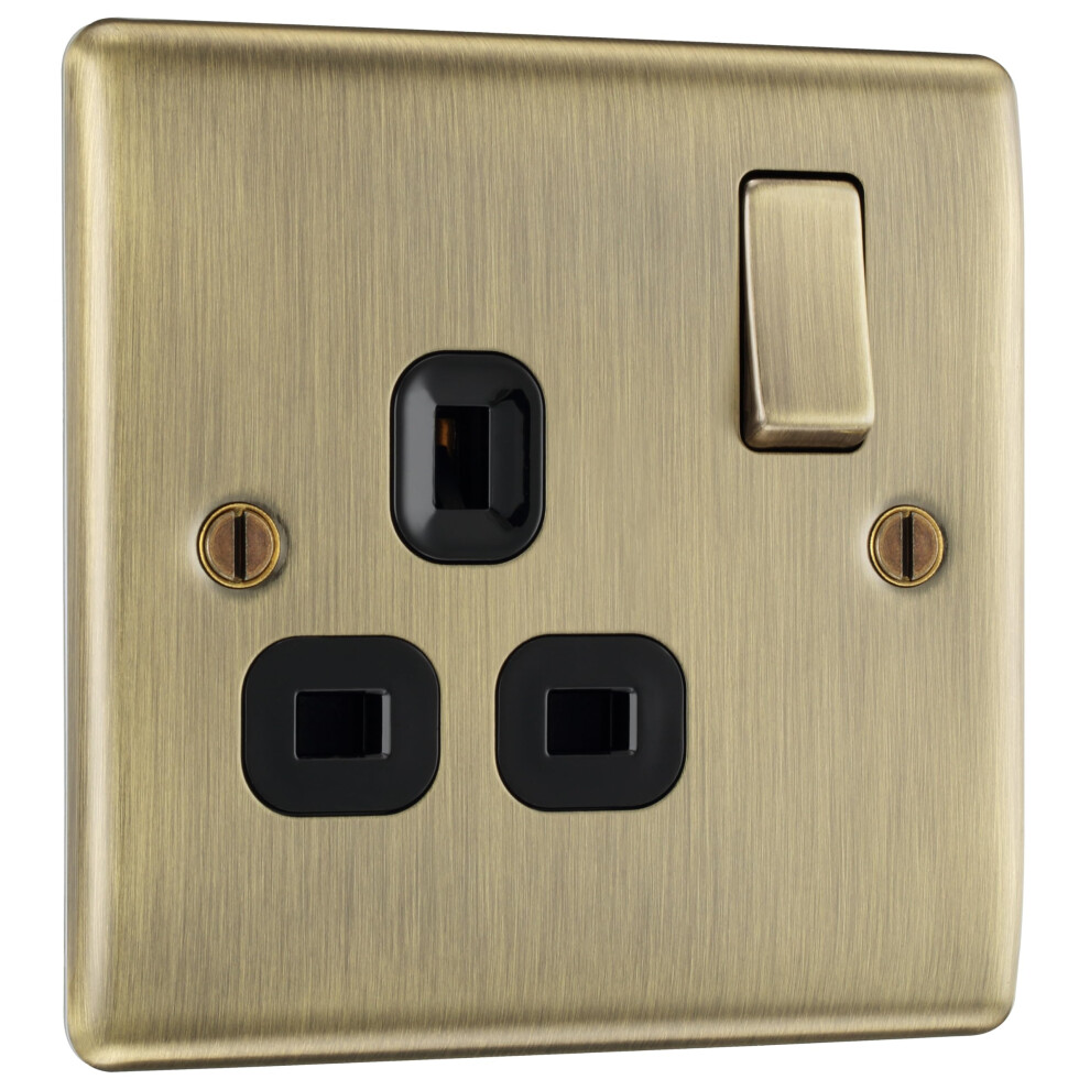 Bg Electrical Single Switched Power Plug Wall Socket, Raised And Slim Profile, Round Edges, Nexus Metal, Antique Brass, Black Inserts, 13A, Nab21b 5051226965487