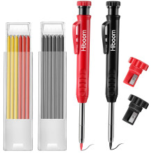 Hiboom 2 Pack Solid Carpenter Pencil with 14 Refill, Long Nosed Deep Hole Mechanical Pencil Marker with Built-in Sharpener for Carpenter Woodworking