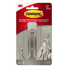 Command Brushed Nickel Double Decorative Hook for Indoor Use - 1 Metal Large Hook and 1 Adhesive Strip - Hang Jackets, Purses, Handbags, Hats, Scarve