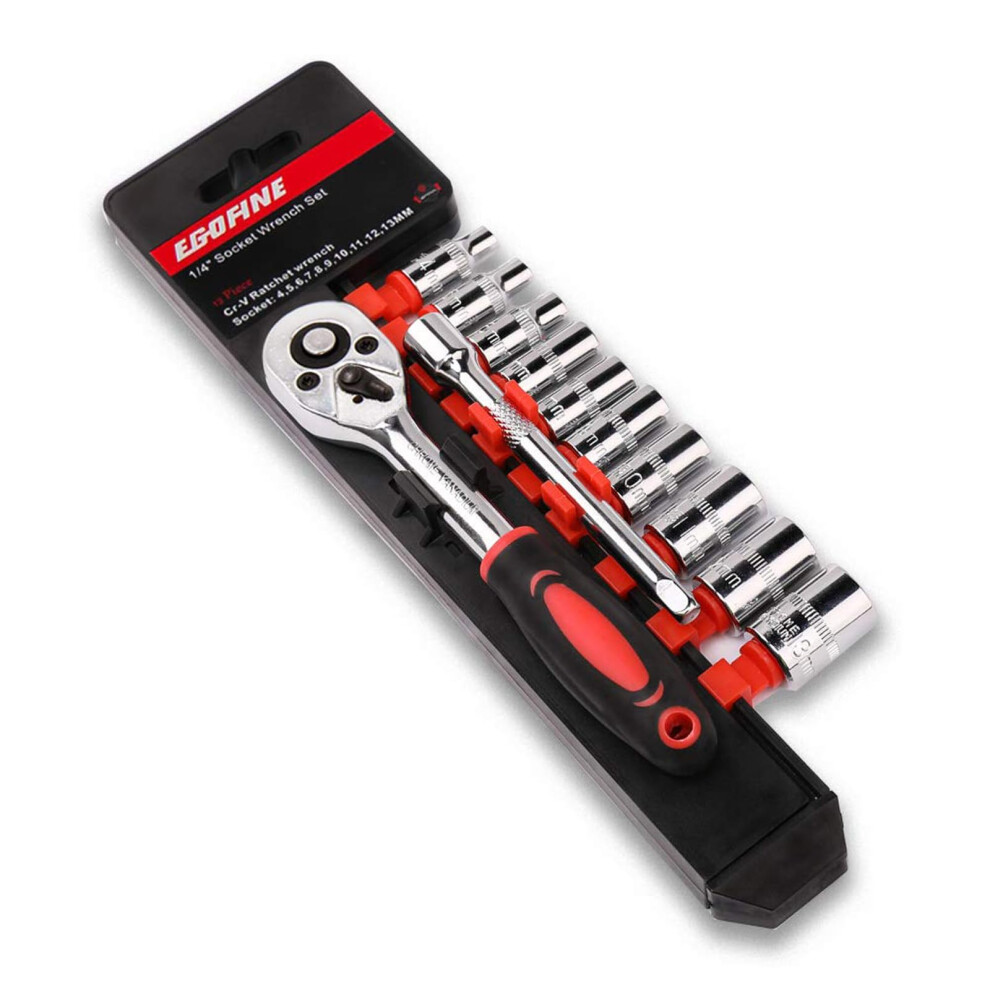 Egofine 12Pcs 1/4 Inch Ratchet Socket Wrench Set, Drive Socket Set With 10 Sockets 4-13Mm And 2 Way Quick Released Ratchet Handle And Extension Bar 5051226948541