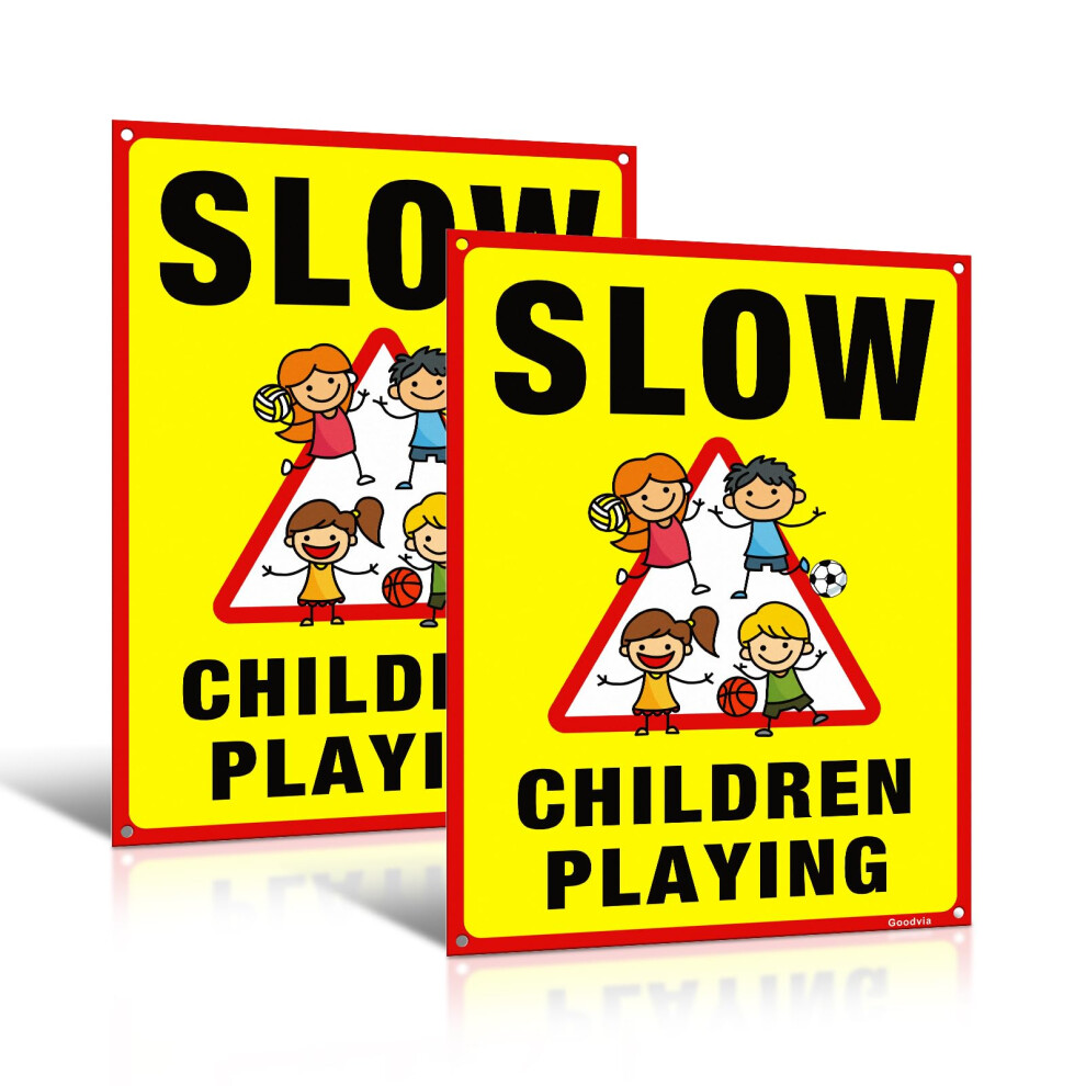 Goodvia Slow Children Playing Safety Sign Pvc 30X40cm, Kid-Friendly Warning Sign For Residential Areas & Playgrounds Bright Yellow X2 5051226940446