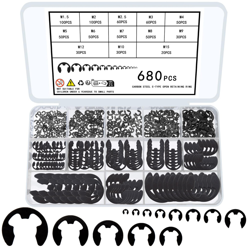 680 Pcs E Clips, Circlips Assorted Sizes, External Retaining Ring Assortment Set, E-Clips, C-Clips, Snap Rings 5051226985874