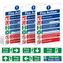 Fire Safety Signs Pack of 9 - Fire Action Notice Sign - 1mm Rigid Plastic - 300 x 200mm, Exit Sticker, Keep Clear - Self-Adhesive Vinyl Emergency Exi